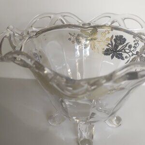 Vintage Imperial Glass Candy Bowl with Silver Floral overlay 7" diameter